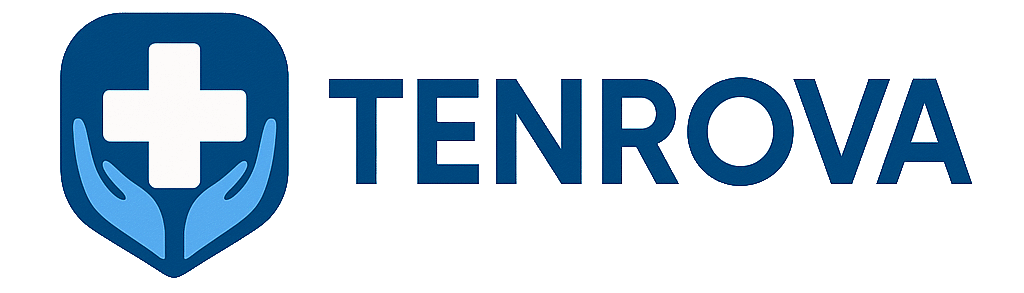 Logo of Tenova featuring a cross symbol and holding hands, representing healthcare and support.